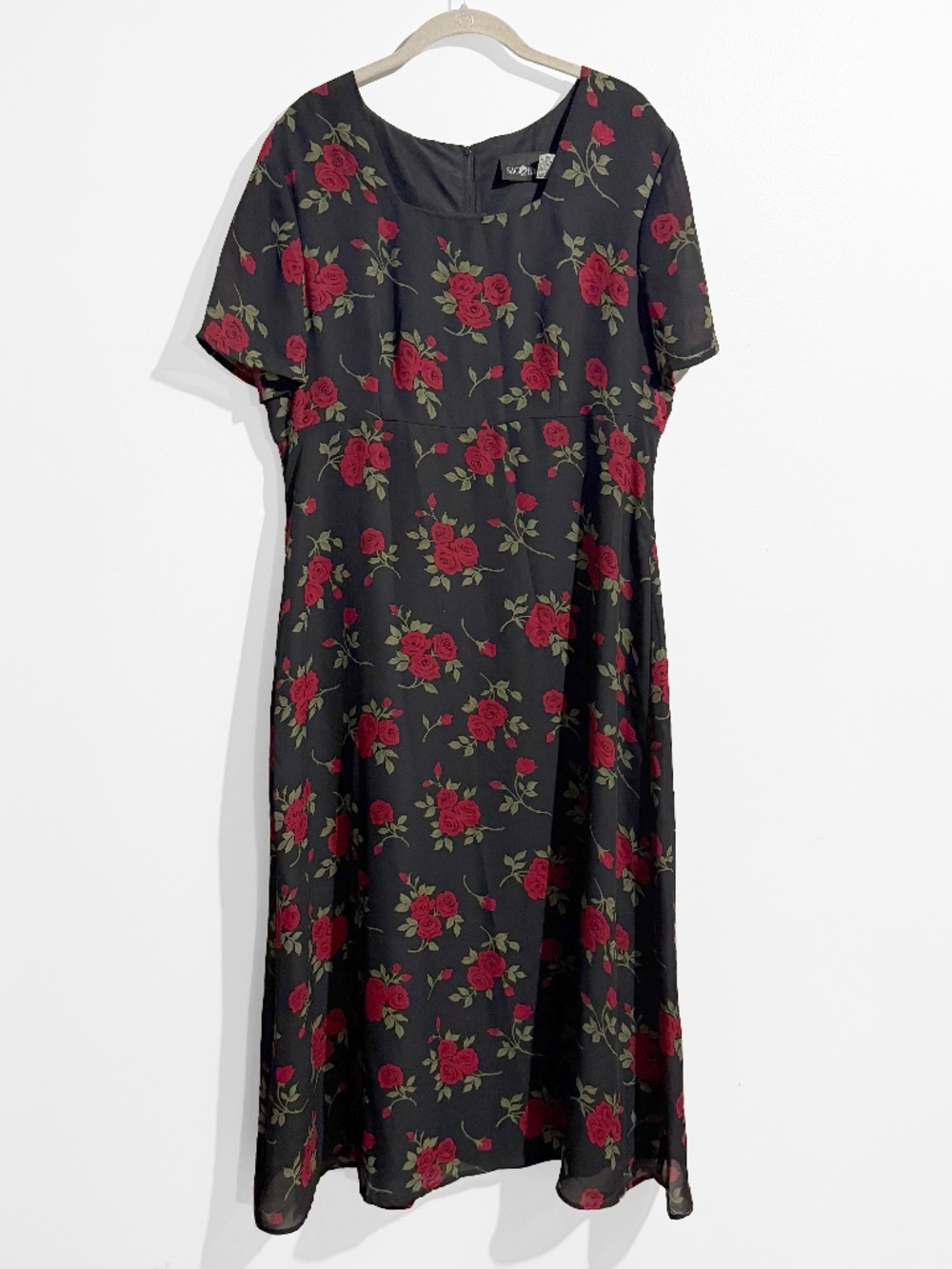 Vintage 90s Empire Waist Dark Floral Black Rose Print Maxi Dress Vintage Size 16